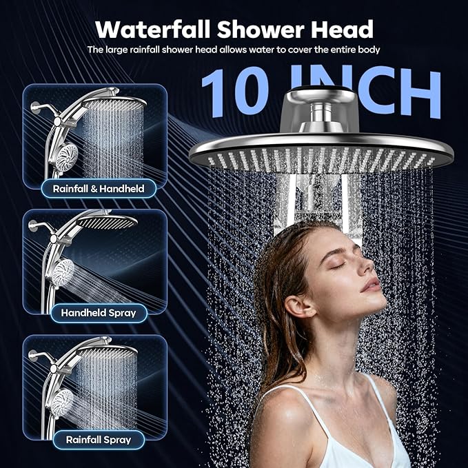 Shower Head with filtered Handheld High Pressure daul Shower Heads with Handheld Spray Combo and 10 Sprays Handheld Shower Head Detachable Shower head Built-in Magnetic Docking and Power Jets Chrome