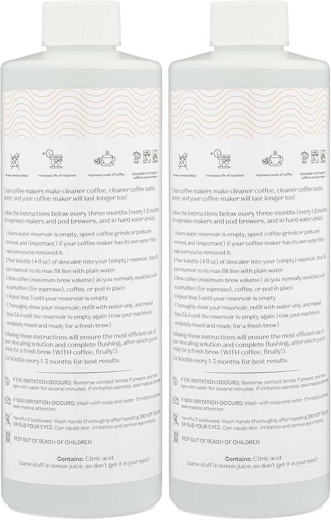 Descaler for Delonghi Espresso Machine, Keurig, Breville, Nespresso, and All Other Espresso Makers | Liquid Descaling Solution Removes Deposits for Cleaner Coffee (2 500ml bottles, 4 uses per bottle)
