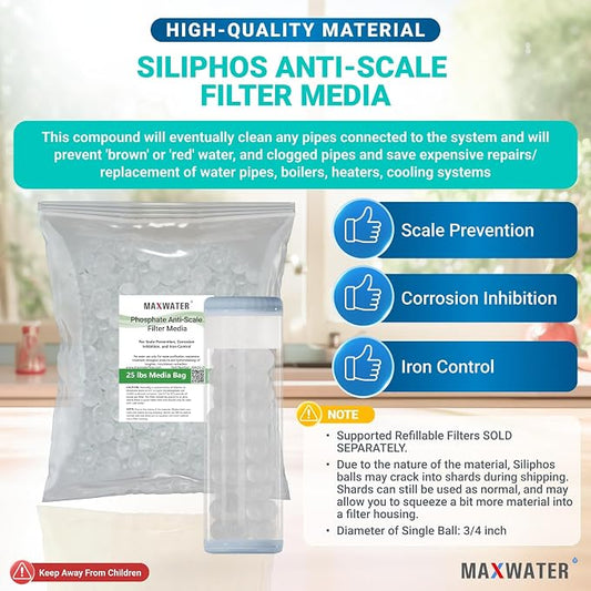 Max Water Siliphos Anti-Scale Filter Media Bag for Polyphosphate Replacement Filters (25 LB) for Scale Prevention, Corrosion Inhibition, and Iron Control