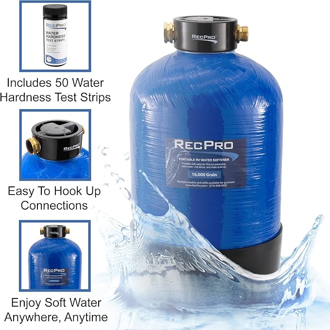 RecPro RV Water Softener Portable | Prevents Hard Water Buildup | Hose and TDS Water Test Strips Included | Cation Exchange Resin (16,000 Grain)