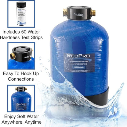 RecPro RV Water Softener Portable | Prevents Hard Water Buildup | Hose and TDS Water Test Strips Included | Cation Exchange Resin (16,000 Grain)