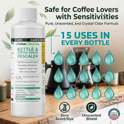 Think Crucial Kettle & Coffee Maker Descaler, 15 Uses, Best Value Per Descale — Compatible with Fellow, Stagg EKG, Corvo, Clyde, Aiden Brewer — Unscented Clear Liquid — 8 fl oz