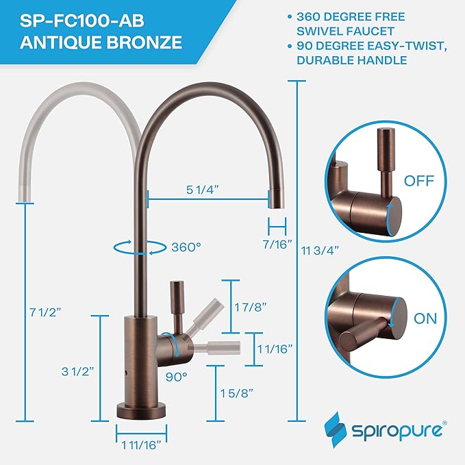 SpiroPure NSF-Certified Lead-Free Air Gap RO Faucet, Antique Bronze, Reverse Osmosis Replacement Water Filter Faucet, 3 Line Filtered Faucet, SP-FC100-AB