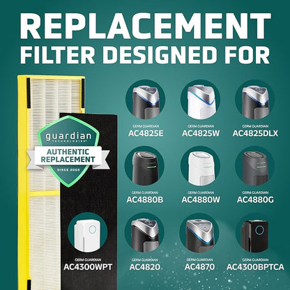 GermGuardian HEPA Pure Genuine Air Purifier Filter B, Removes 99.97% of Pollutants, Wildfire Smoke, Odors, for AC4825, AC4300, AC4900, AC4880, AC4850, CDAP4500, 2-Pack, Black/Yellow, FLT48252PK