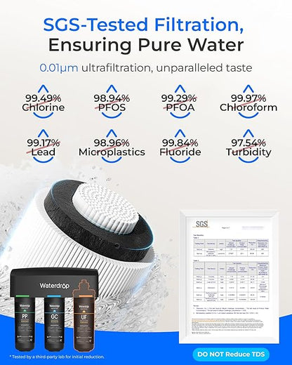 Waterdrop TSB-UF 0.01 μm Ultra Filtration Under Sink Water Filter System, 9 Layer Under Sink Water Filtration System, Reduces Chlorine, Fluoride, Taste and Odor, with A Separate Faucet, Quick Change