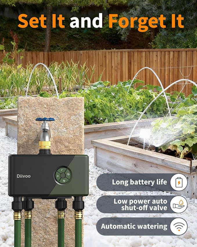 Diivoo Brass 4 Outlets WiFi Water Timer | App Remote Control, 24 Custom Schedules, Rain Delay & Mist Mode for Lawn, Compatible with Alexa/Google Assistant