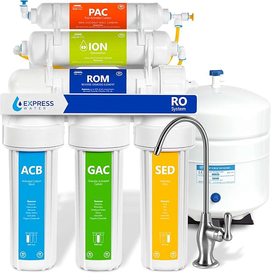 Express Water RODI10D Reverse Osmosis Deionization Water Filtration System – 6 Stage RO Water Filter with Faucet and Tank – Under Sink Water Filter – 100 GPD