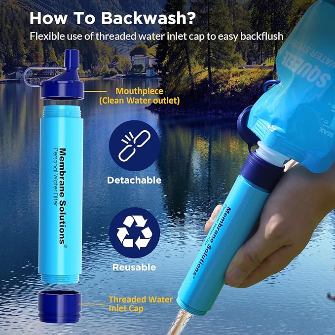 Membrane Solutions Squeezable Water Filtration System, Survival Water Purifier Kit, Portable Backpacking Gear Including Water Filter Straw and 23oz Collapsible Bottle for Hiking Camping Travel(2+6)