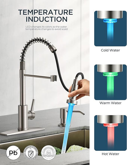 FORIOUS LED Kitchen Faucet with Pull Down Sprayer, Brushed Nickel Modern Single Handle Stainless Steel Commercial Spring Sink Faucet with LED Light for Pot Filler, Farmhouse Camper Bar Laundry Room