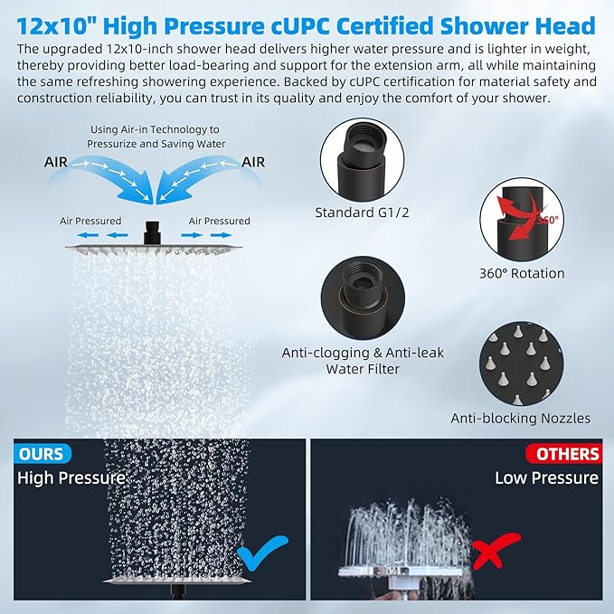 Hibbent All Metal cUPC Certified Rain Shower Head, 12'' High Pressure Rainfall Showerhead with 16" Shower Head Extension Arm, Brass Adjustable Shower Arm Extender, fixed Showerheads, Oil Rubbed Bronze