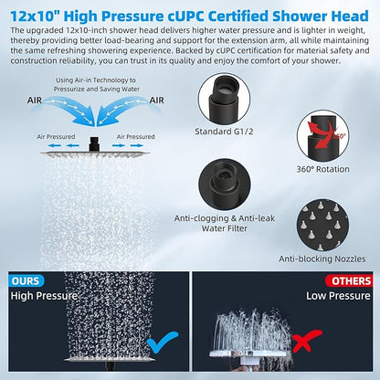 Hibbent All Metal cUPC Certified Rain Shower Head, 12'' High Pressure Rainfall Showerhead with 16" Shower Head Extension Arm, Brass Adjustable Shower Arm Extender, fixed Showerheads, Oil Rubbed Bronze
