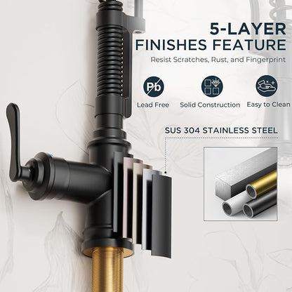 FORIOUS Black Kitchen Faucet with Pull Down Sprayer, Stainless Steel Single Handle Spring Antique Kitchen Sink Faucet with Deck Plate for 1 or 3 Holes, Sutiable for Farmhouse, RV, Camper, Wet Bar