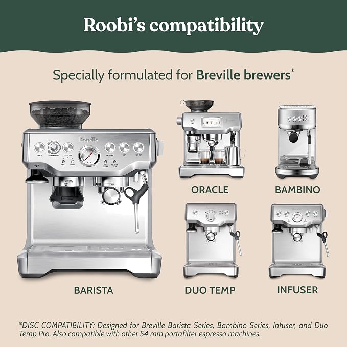 Roobi Espresso Complete Cleaning Kit Compatible with Breville | Descaling Solution, Espresso Cleaning Tablets, Water Tank Tabs, Multi-Surface Cleaner, 54mm Disc, Brush & Cloth