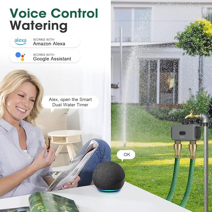 Smart Sprinkler Timer 2 Zone with Wi-Fi Hub, Automatic Irrigation System Controller for Lawns and Yard, Compatible with Alexa