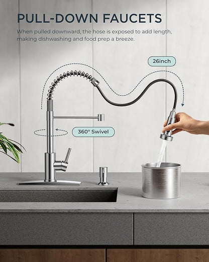 FORIOUS Kitchen Faucet with Pull Down Sprayer, Stainless Steel Commercial Single Handle Classic Spring Pull Out Sink Faucet for Pot Filler, Farmhouse Camper Bar Laundry Room, Chrome
