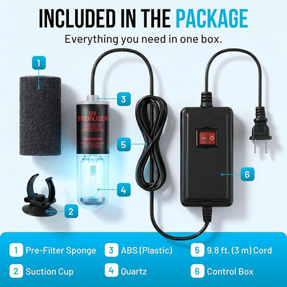 Aquarium UV-C Light 3W – Submersible UV Clarifier for Freshwater & Saltwater Tanks, Sumps & Hydroponics – Clears Green Water Fast – 9.8 ft Power Cord – Pre-Filter Sponge & Suction Cup Included