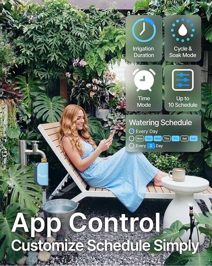 WiFi Water Timer for Garden Hose, Smart Sprinkler Controller with Heavy-Duty Brass Inlet & Flow Meter, No Hub Required, App Control Rain Delay Outdoor Hose Valve