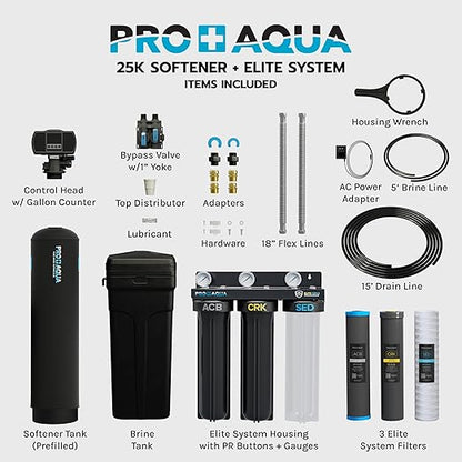 PRO+AQUA PRO-E-S25E Elite Whole House Well Water Filtration System with 25,000 Grain Water Softener Combo