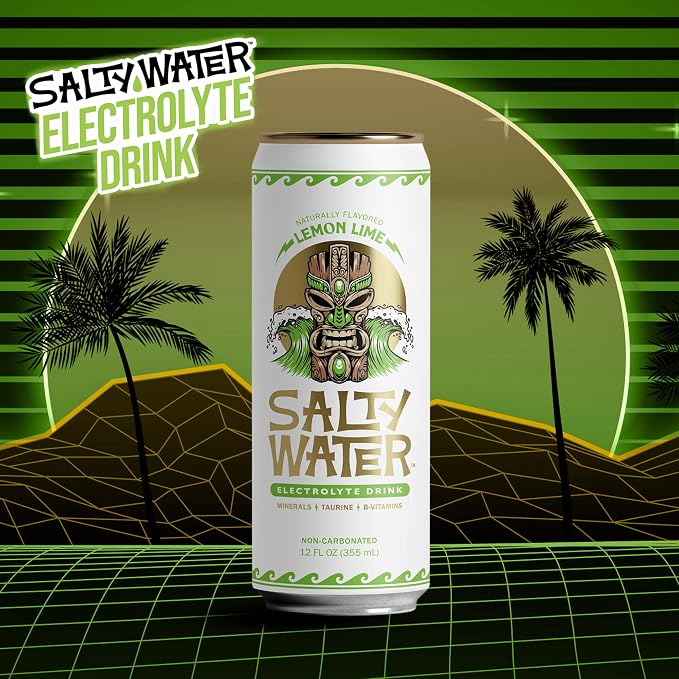 SaltyWater Electrolyte Drink, Lemon Lime – Zero Sugar Premium Hydration Drink, 10 Calories, Minerals, Taurine, B-Vitamins, Non-Carbonated - Zero Caffeine Electrolyte Sports Drink - Gluten Free - 12 Pack (12 oz)