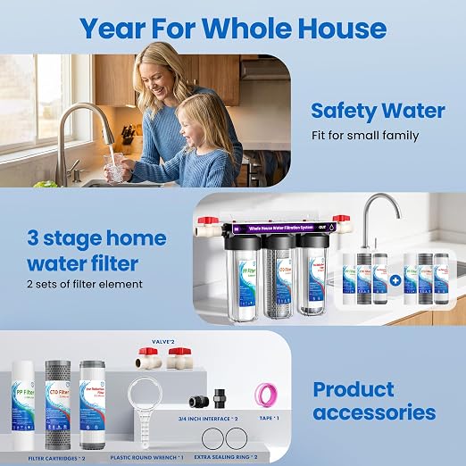 Whole House Water Filter System, 3-Stage Iron & Manganese Removal | Water Softener System,Includes Extra 2 Set Filters,Reduces Iron, Chlorine, Sediment, Rust, Taste & Odor,3/4" Ports