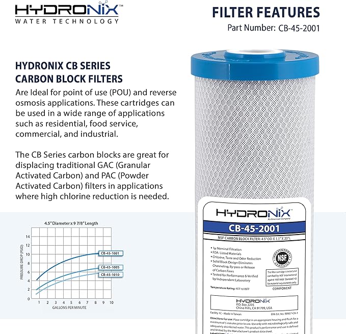 Hydronix CB-45-2001/3 Universal 4.5" x 20” Whole House Water Filter Replacement Cartridge, Commercial & Industrial NSF, Coconut Shell Activated Carbon Block CTO, 1 Micron (3 Pack)