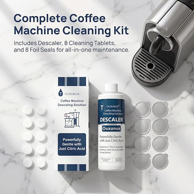 Descaling Solution Kit Compatible with Nespresso Vertuo Coffee Machines, 16.9 fl Oz Descaler (4 Uses), 8 Cleaning Tablets & 8 Aluminum Foil Lids, Complete Maintenance Set (1)
