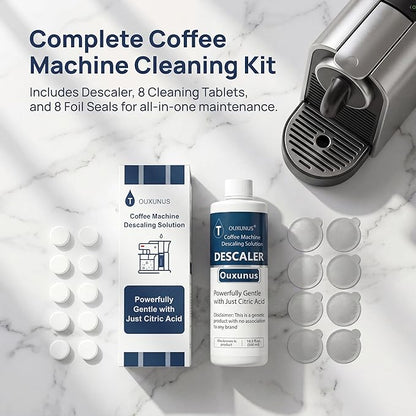 Descaling Solution Kit Compatible with Nespresso Vertuo Coffee Machines, 16.9 fl Oz Descaler (4 Uses), 8 Cleaning Tablets & 8 Aluminum Foil Lids, Complete Maintenance Set (1)