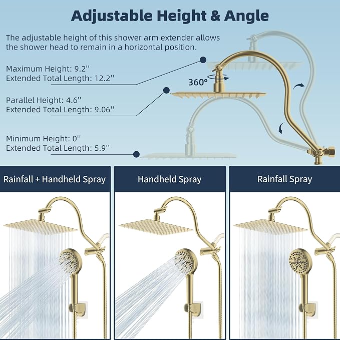 Hibbent All Metal CUPC Certified Shower Head, 10'' High Pressure Rainfall Shower Head, Handheld Showerhead Combo, 12'' Adjustable Extension Arm, 10 Sprays, 71'' Hose, Shower Holder, Brushed Gold