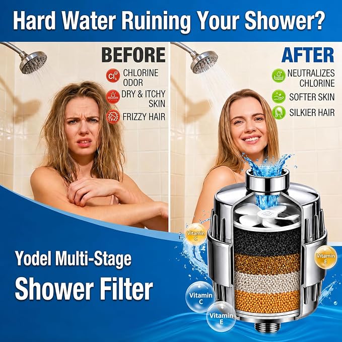 Yodel Shower Water Filter for Hard Water, Shower Water Softener,Showerhead Filter with KDF-55,Vitamin C, Helps Reduce Chlorine for Softer Hair and Skin, Filters Up to 8,000 Gallons, Polished Chrome