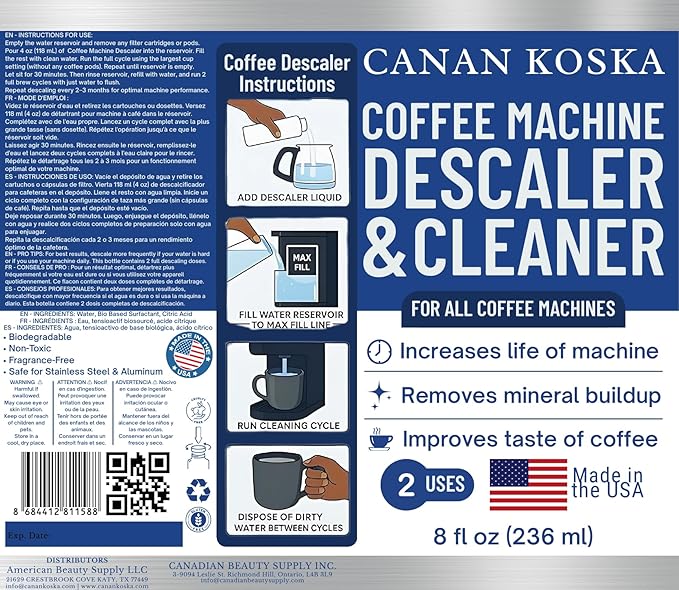 Coffee Machine Descaler 8 oz – Universal Descaling Solution for All Coffee Makers Drip Machines – Removes Limescale Calcium Buildup – 2 Uses (3, 8 Fl Oz (Pack of 3))