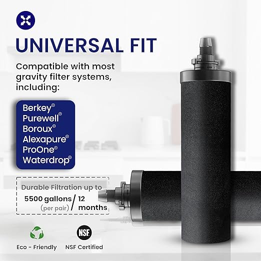 1.5 G Gravity Water Filter System | NSF/ANSI 42 & 372 Certified | AISI 304 Stainless Steel Water Filter | 2 Carbon Filters + 2 POSTreat Fluoride Reduction Elements | No Electricity Required | Portable