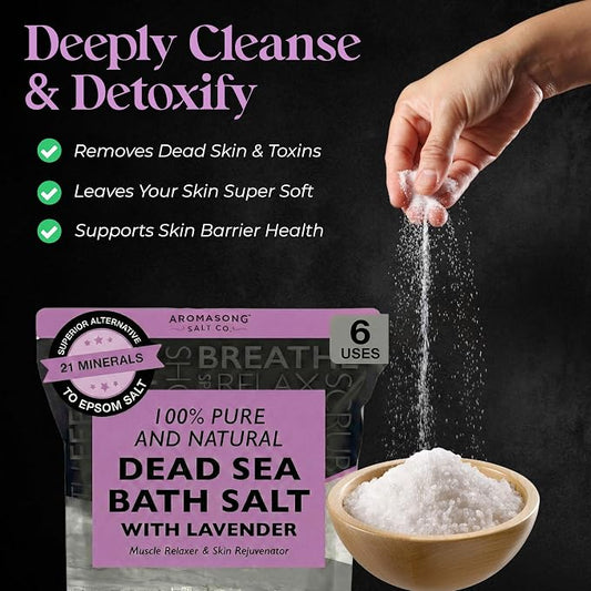 Aromasong Pure Dead Sea Salt for Soaking with 100% Natural Lavender, 2.43 LB - Spa Bath Salt Fine Grain - Body Wash Scrub - Soak for Women & Men- Bulk Resealable Pack