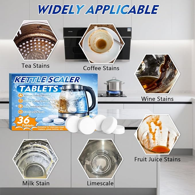 Kettle Descaler Tablet 36 Pcs, Citric Acid Limescale Remover for Kettles, Coffee Makers, Irons and Shower Heads, Powerful Descaling Tablets for Home Appliances