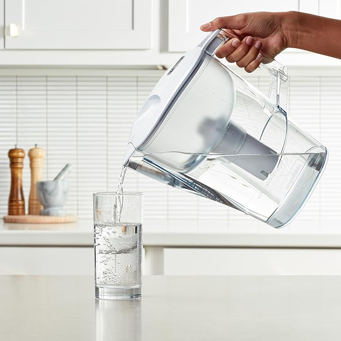 Amazon Basics 10-Cup Pitcher with Filter Compatible with Brita Water Filter Pitcher for Clean, Crisp Water, WQA and NSF Certified, Made in Europe
