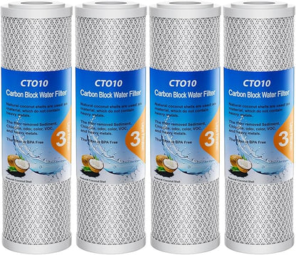 1 Micron 2.5" x 10" Whole House CTO Carbon Sediment Water Filter Cartridge Compatible with DuPont WFPFC8002, WFPFC9001, SCWH-5, WHCF-WHWC, FXWTC, CBC-10, RO Unit, Pack of 4