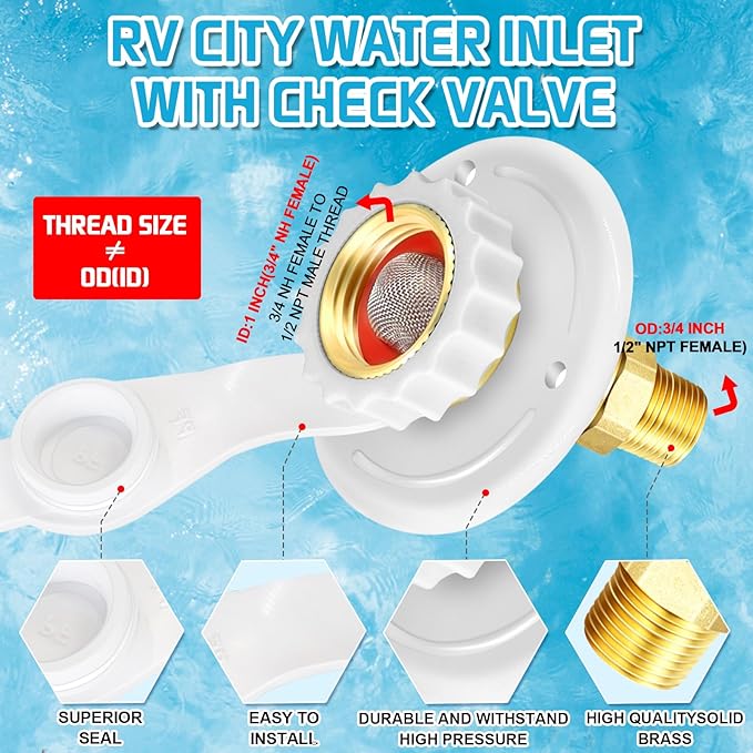 FANOVO RV City Water Inlet with Check Valve, RV Fresh Water Inlet 1/2" NPT Male RV Water Inlet,City Water Connection for RV Marine Camper Motorhome Trailer