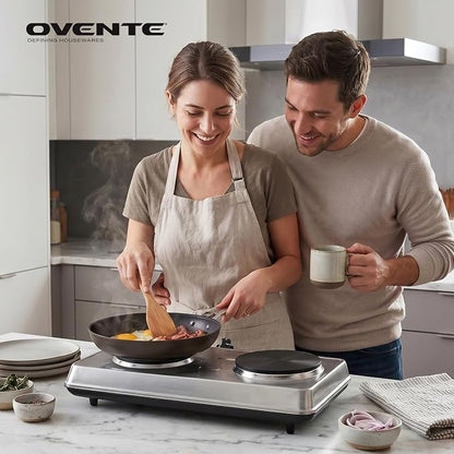 OVENTE Electric Cast Iron Double Burner, 1700W Hot Plate, Silver BGS102S | 7.25" & 6.10" Portable Countertop Cooktop, Stainless Steel, 5 Level Temperature Control, Indicator Light, Easy-to-Clean