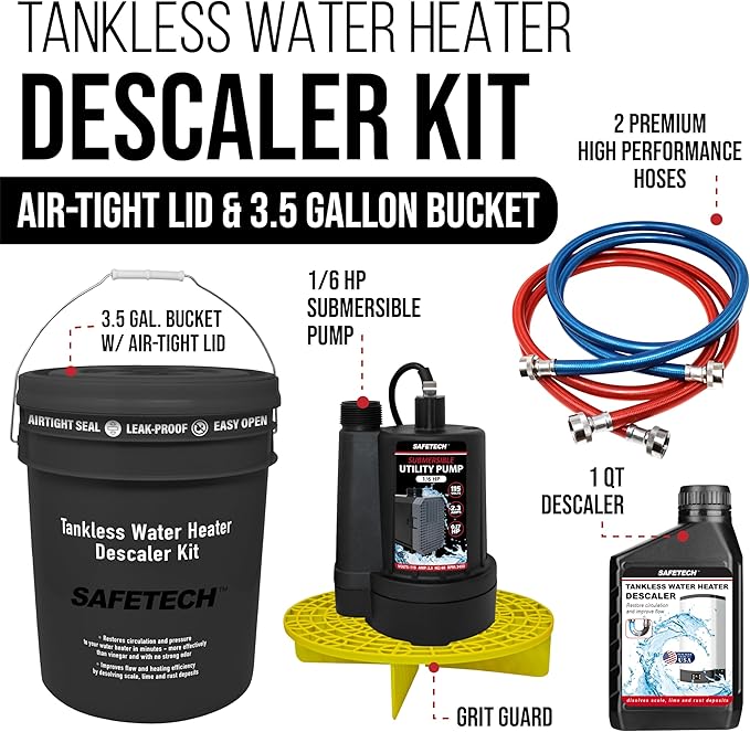 Safetech Tankless Water Heater Flushing Kit with Screw-Top Lid, Premium Braided Hoses, 1/6 HP Utility Pump, Quart Descaler, and Pump Grate