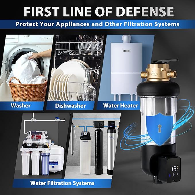 iSpring WSP100ARJ-BP Whole House Water Filter System Prefilter, Auto Flushing Spin Down Sediment Filter for Well Water, Integrated Bypass, 4-Mode Touch-Screen, Reusable, Jumbo Size, 100 Micron