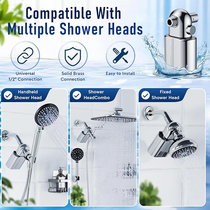 Veken Shower Filter to Reduce Chlorine, KDF Shower Head Filters with Activated Carbon and Calcium Sulfite for Filtered Shower Water, Filtro Para Ducha De Baño, One-Press Replacement, Chrome