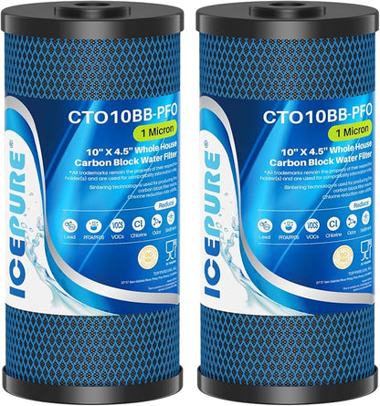 ICEPURE 1 Micron 10" x 4.5" Whole House PFOA/PFOS Carbon Water Filter Cartridge Replacement for Dupont WFHDC8001,EP Series,EPM Series,CB-BB-10, GE FXHTC, GXWH40L, GXWH35F, GNWH38S, CTO10BB, Pack of 2