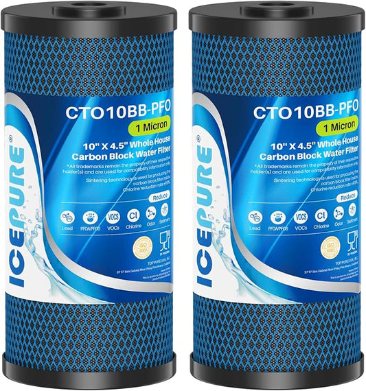 ICEPURE 1 Micron 10" x 4.5" Whole House PFOA/PFOS Carbon Water Filter Cartridge Replacement for Dupont WFHDC8001,EP Series,EPM Series,CB-BB-10, GE FXHTC, GXWH40L, GXWH35F, GNWH38S, CTO10BB, Pack of 2