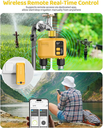 WiFi Water Timer 2 Zone for Garden Hose, Smart Sprinkler Timer with 984ft RF Range, Brass Inlet and Outlet, APP/Voice Control, Rain Delay, Automatic/Manual Irrigation