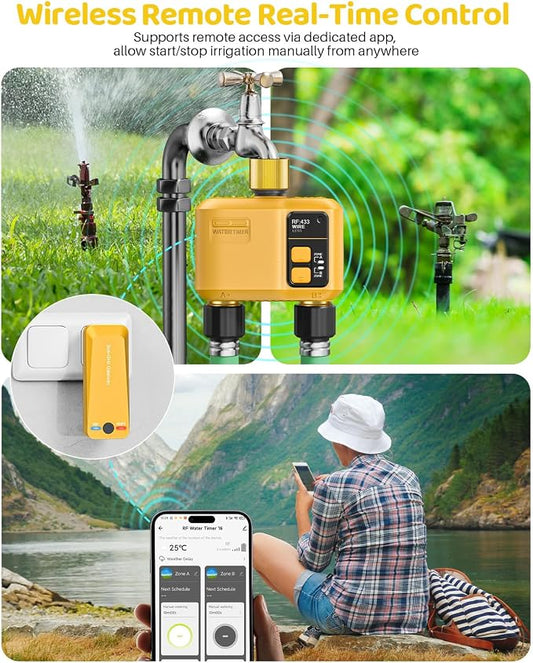 WiFi Water Timer 2 Zone for Garden Hose, Smart Sprinkler Timer with 984ft RF Range, Brass Inlet and Outlet, APP/Voice Control, Rain Delay, Automatic/Manual Irrigation