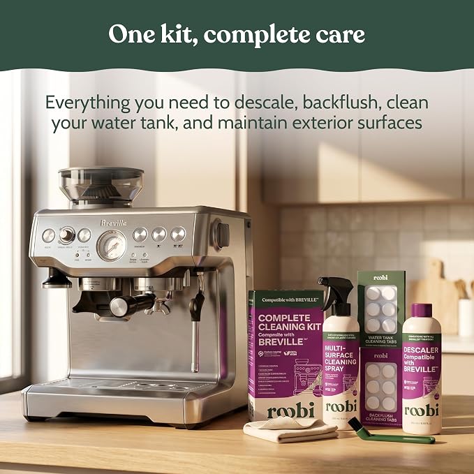 Roobi Espresso Complete Cleaning Kit Compatible with Breville | Descaling Solution, Espresso Cleaning Tablets, Water Tank Tabs, Multi-Surface Cleaner, 54mm Disc, Brush & Cloth