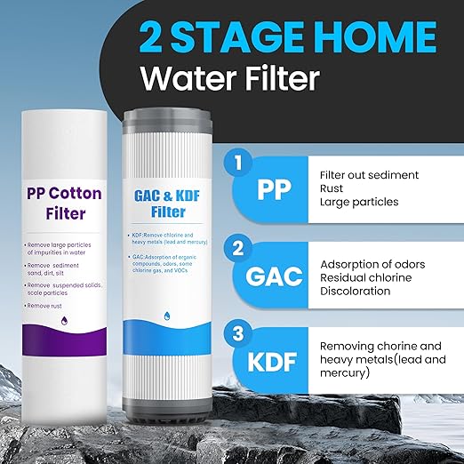 Whole House Water Filter System, 2-Stage Home Water Filtration with GAC & KDF, 3/4" Ports & 2 Valves, Reduces Chlorine Odor, Heavy Metals & Taste, Includes Extra 2 Replacement Filter Sets for Home Use
