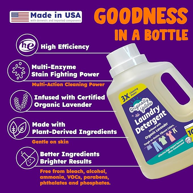 Originally Yellow Plant Based Laundry Detergent | Ultra-Concentrated Natural Laundry Detergent with Organic Lavender | High-Efficiency Clean, Tough on Stains, Gentle on Fabric | 50 Oz