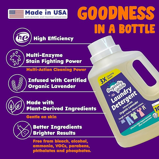 Originally Yellow Plant Based Laundry Detergent | Ultra-Concentrated Natural Laundry Detergent with Organic Lavender | High-Efficiency Clean, Tough on Stains, Gentle on Fabric | 50 Oz