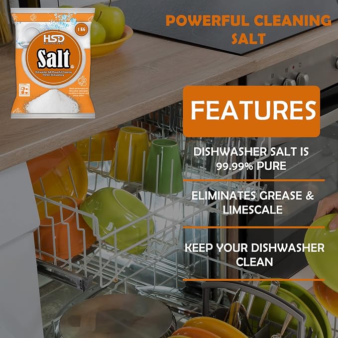 1kg Dishwasher Salt, Powerful Cleaning Dishwasher Salt, softener salt, Best For Laundry Kitchen Dish Washing, Compatible to All Water Softner Machine, Premium Food Grade 100% Genuine British Salt (10)