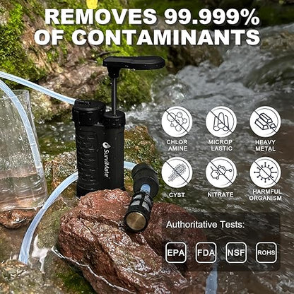 SurviMate Water Purifier Survival Pump，0.01 Micron 5-Stage Water Purifier System，Hand Pump Water Filter Portable Outdoor Emergency，Camping, Hiking, Backpacking